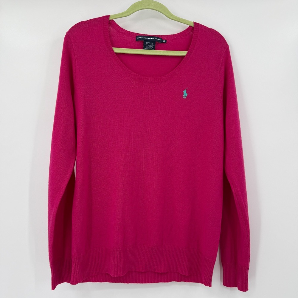 VTG Ralph Lauren Sport Womens Merino Wool Sweater XL Pink‎ Scoop Neck Pony Logo